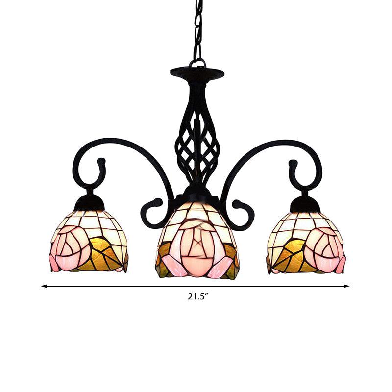3 Lights Domed Chandelier Retro Style Stained Glass Floral Pink - Rebooters