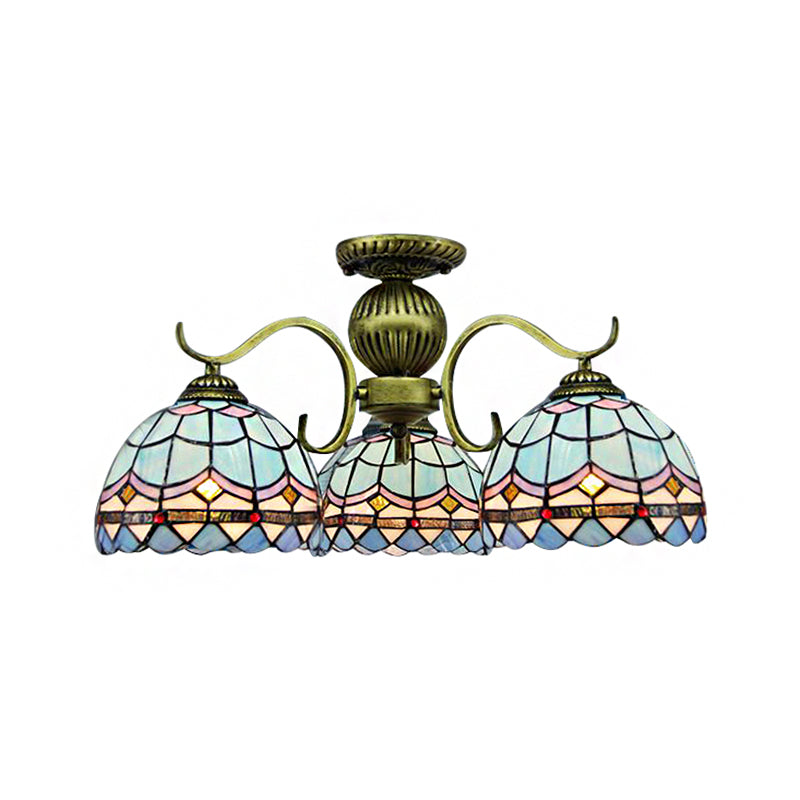 3-Light Bowl Suspension Lamp Retro Style Stained Glass Chandelier in Blue - Rebooters