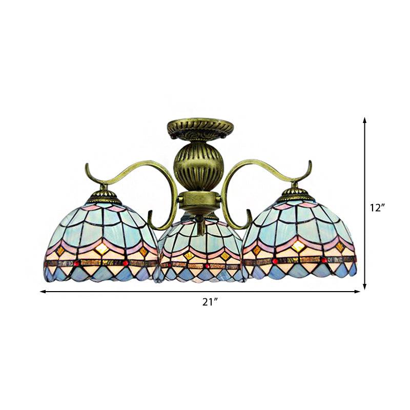 3-Light Bowl Suspension Lamp Retro Style Stained Glass Chandelier in Blue - Rebooters