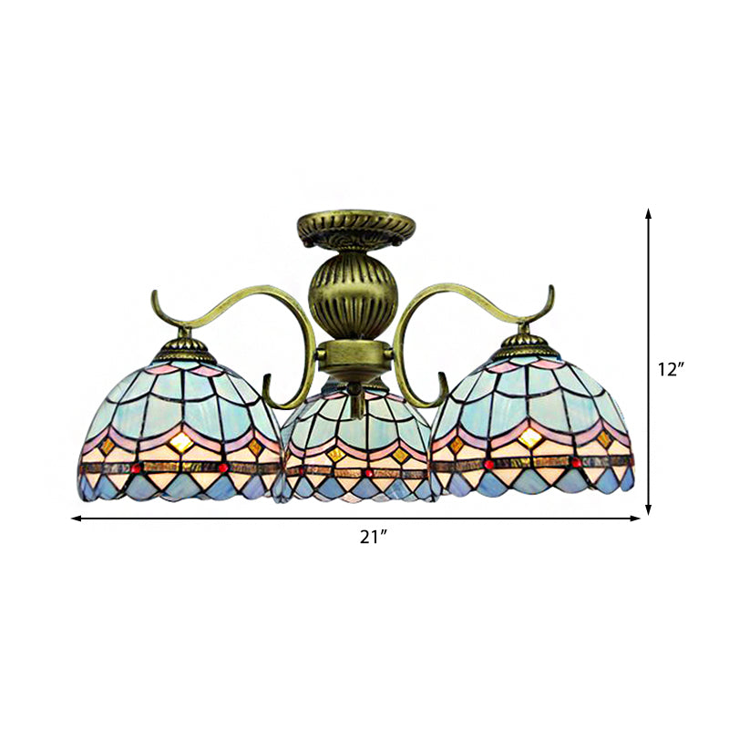 3-Light Bowl Suspension Lamp Retro Style Stained Glass Chandelier in Blue - Rebooters