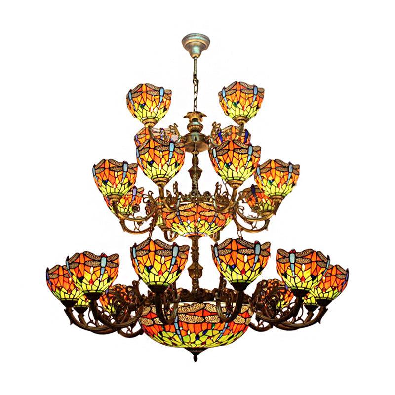 32-Light Dragonfly Chandelier Lighting Tiffany Stained Glass 3-Tier - Rebooters