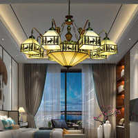 9-Light Small House Inverted Chandelier Country Stained Glass - Rebooters