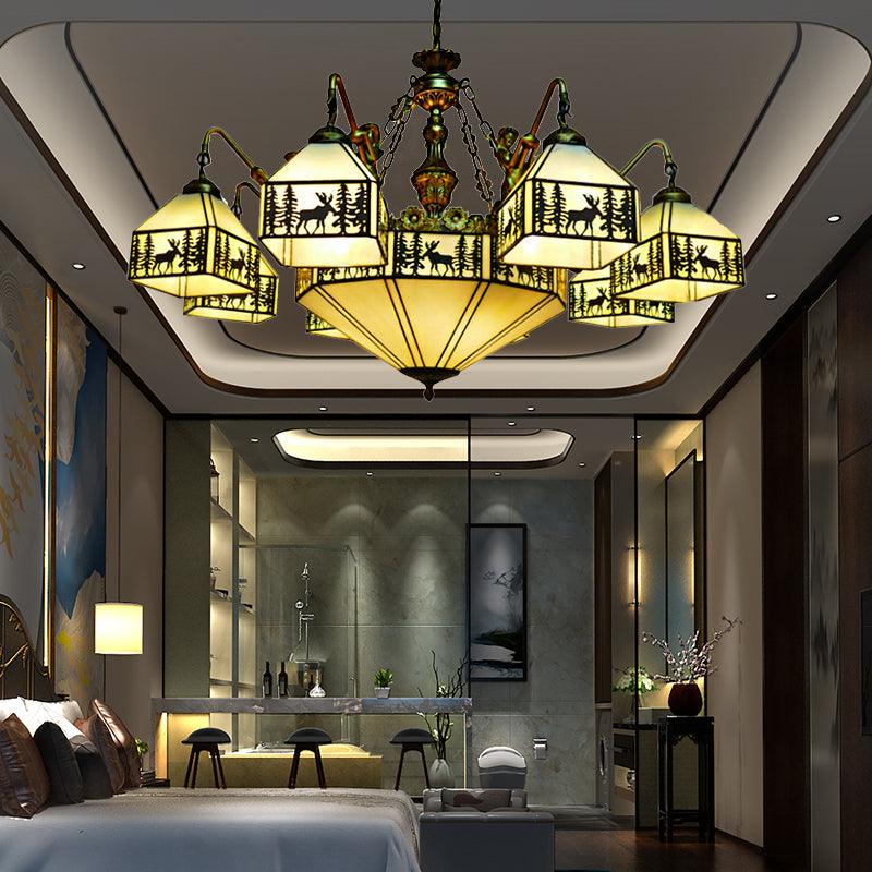9-Light Small House Inverted Chandelier Country Stained Glass - Rebooters