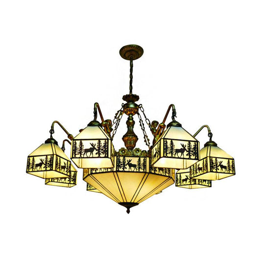 9-Light Small House Inverted Chandelier Country Stained Glass - Rebooters