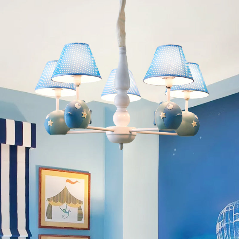 Blue Dot Shade Chandelier with Fish 5 Bulbs for Study Room - Rebooters