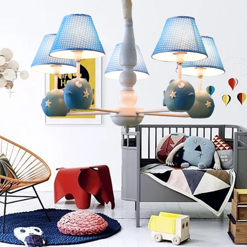 Blue Dot Shade Chandelier with Fish 5 Bulbs for Study Room - Rebooters