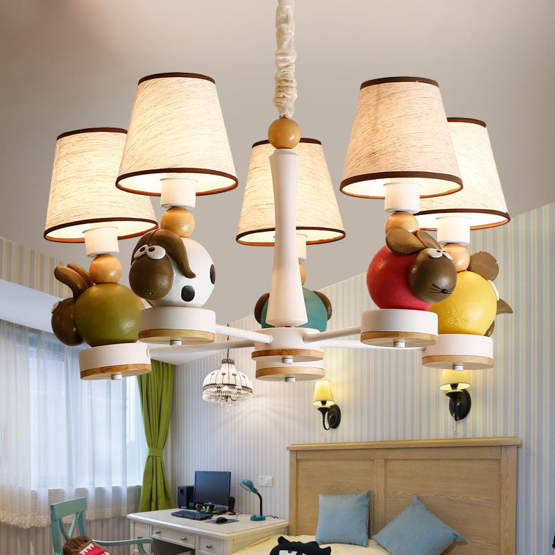 Resin Sheep Hanging Light with Fabric Shade Living Room 5 Lights Cartoon Chandelier in Beige - Rebooters