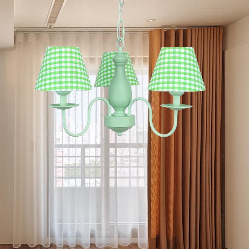 Green Plaid Shade Chandelier Three Bulbs Kids Modern Metal - Rebooters