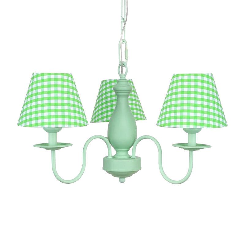 Green Plaid Shade Chandelier Three Bulbs Kids Modern Metal - Rebooters