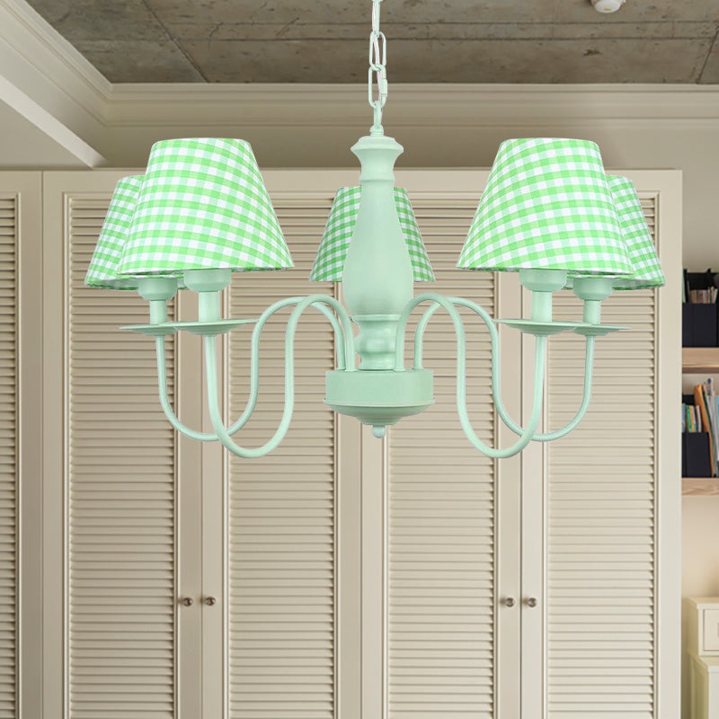 Macaron Loft Plaid Shade Chandelier Metal 4 Lights Green Hanging Light - Rebooters