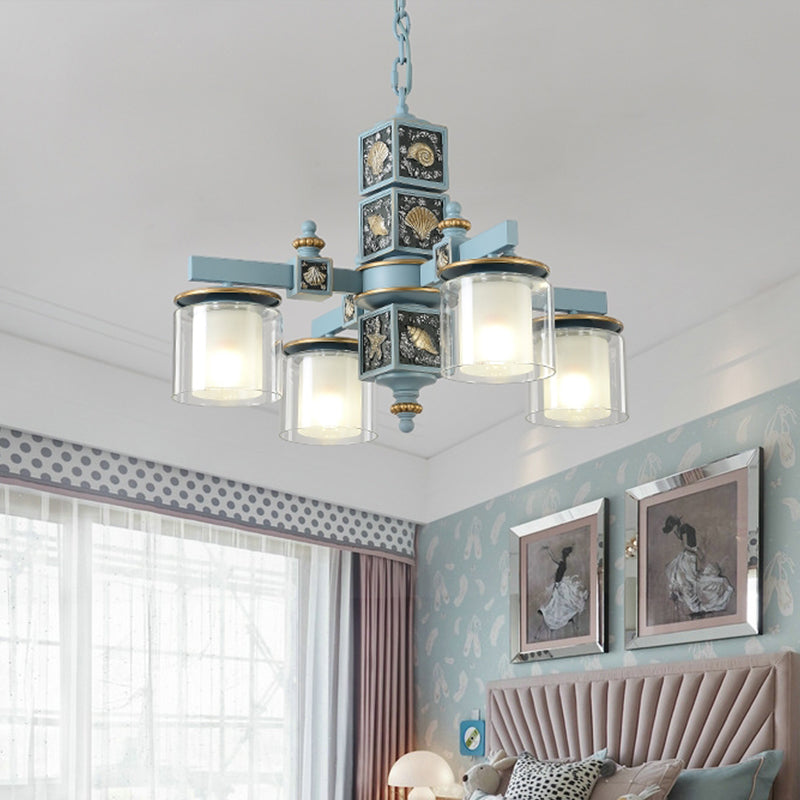 Sky Light Blue Dual Cylinder Chandelier 4 Bulbs Opal Glass - Rebooters