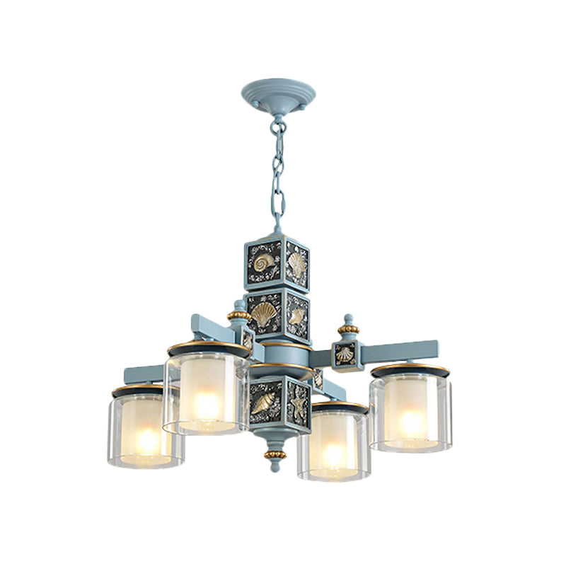 Sky Light Blue Dual Cylinder Chandelier 4 Bulbs Opal Glass - Rebooters