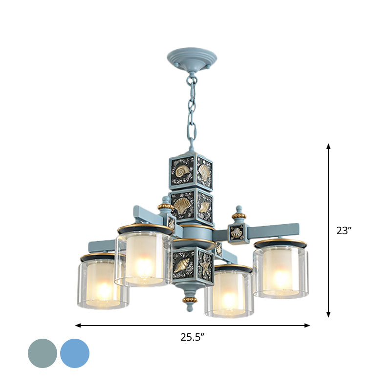 Sky Light Blue Dual Cylinder Chandelier 4 Bulbs Opal Glass - Rebooters