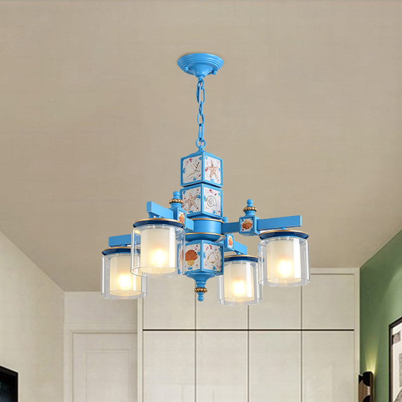 Sky Light Blue Dual Cylinder Chandelier 4 Bulbs Opal Glass - Rebooters
