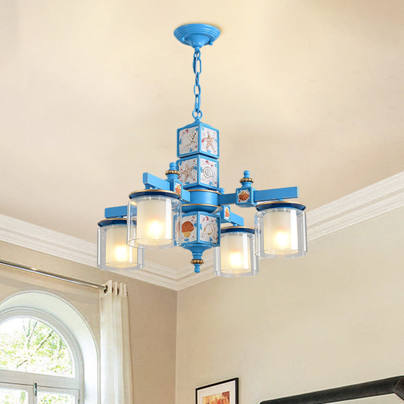 Sky Light Blue Dual Cylinder Chandelier 4 Bulbs Opal Glass - Rebooters