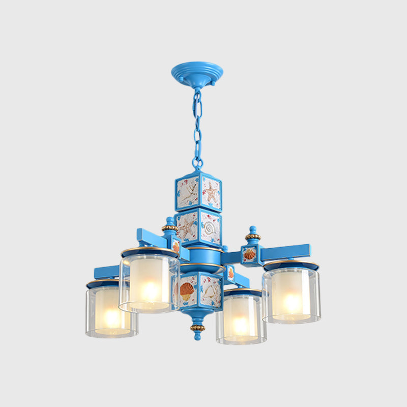 Sky Light Blue Dual Cylinder Chandelier 4 Bulbs Opal Glass - Rebooters