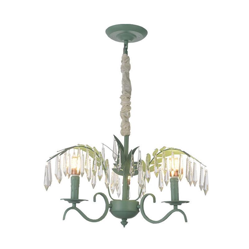 Metal Candle Hanging Light with Leaf & Crystal Restaurant 3 Lights Nordic Chandelier in Green - Rebooters