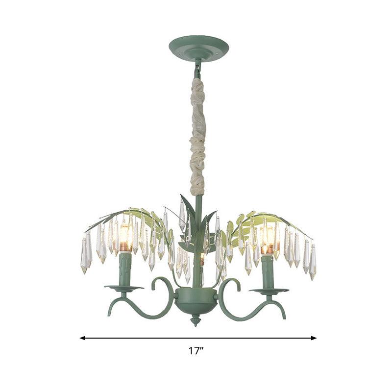 Metal Candle Hanging Light with Leaf & Crystal Restaurant 3 Lights Nordic Chandelier in Green - Rebooters