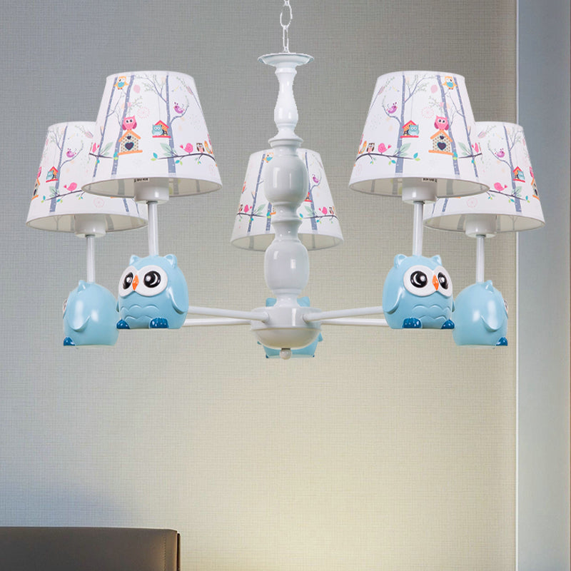 Blue Owl Suspension Light with Fabric Shade Cartoon Chandelier - Rebooters