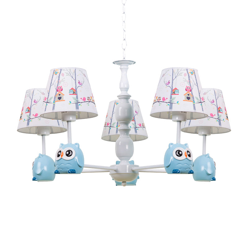 Blue Owl Suspension Light with Fabric Shade Cartoon Chandelier - Rebooters