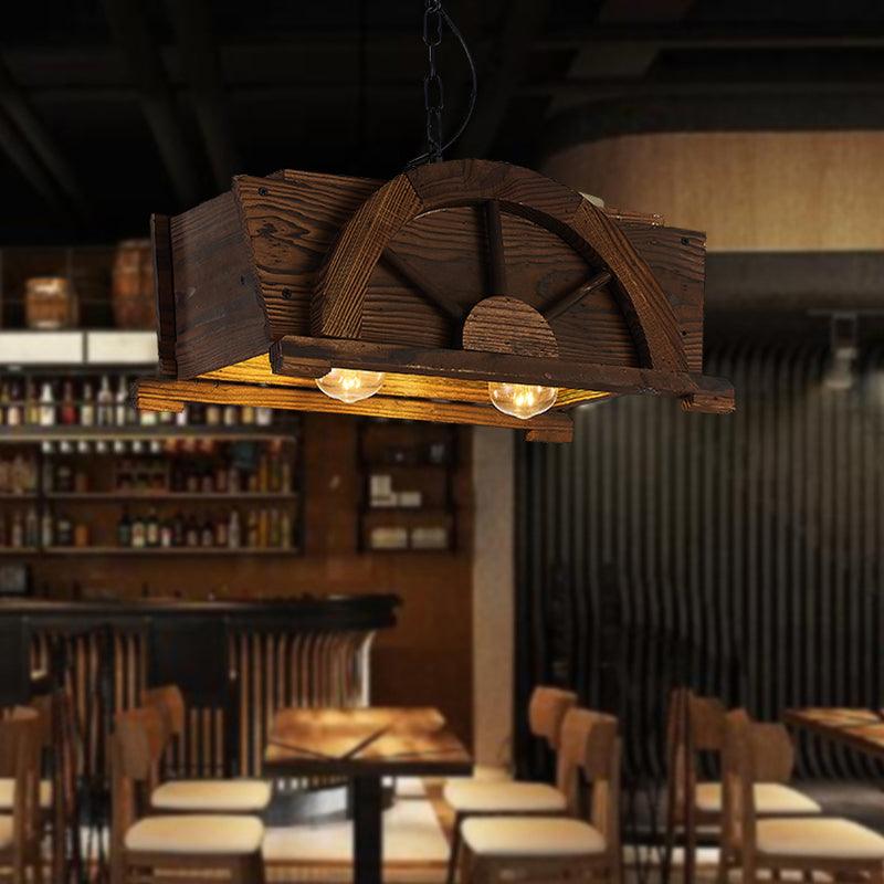 Brown Wood Rectangle Hanging Light 2-Bulb Antique Fixture - Rebooters