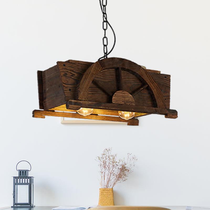 Brown Wood Rectangle Hanging Light 2-Bulb Antique Fixture - Rebooters