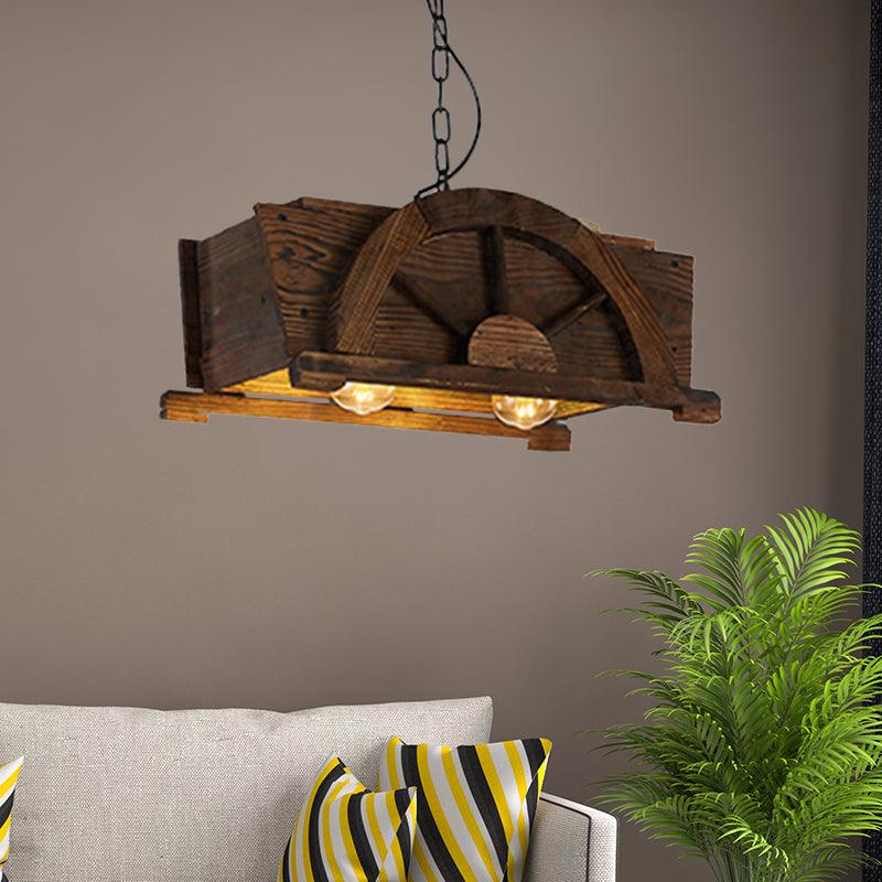 Brown Wood Rectangle Hanging Light 2-Bulb Antique Fixture - Rebooters