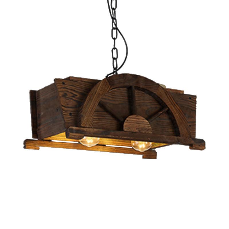 Brown Wood Rectangle Hanging Light 2-Bulb Antique Fixture - Rebooters