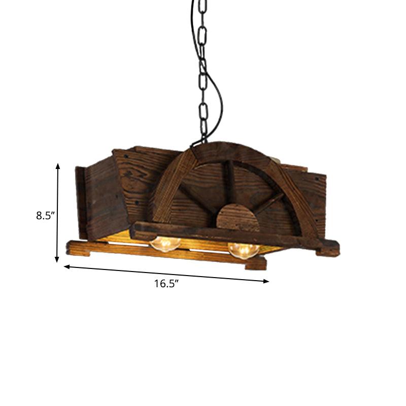 Brown Wood Rectangle Hanging Light 2-Bulb Antique Fixture - Rebooters