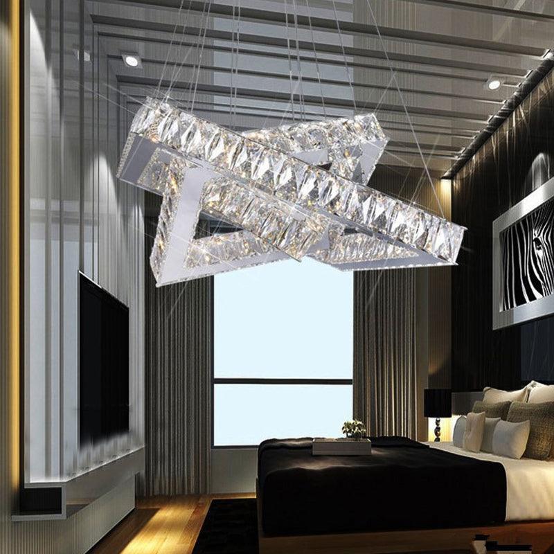 16"/19.5" Wide Square Crystal Chandelier Modern Chrome LED Drop Light - Rebooters