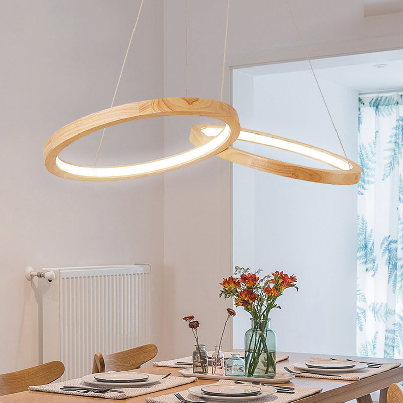 Wood Double-Ring Pendant Light Dining Room Modern Simple Chandelier in Beige - Rebooters