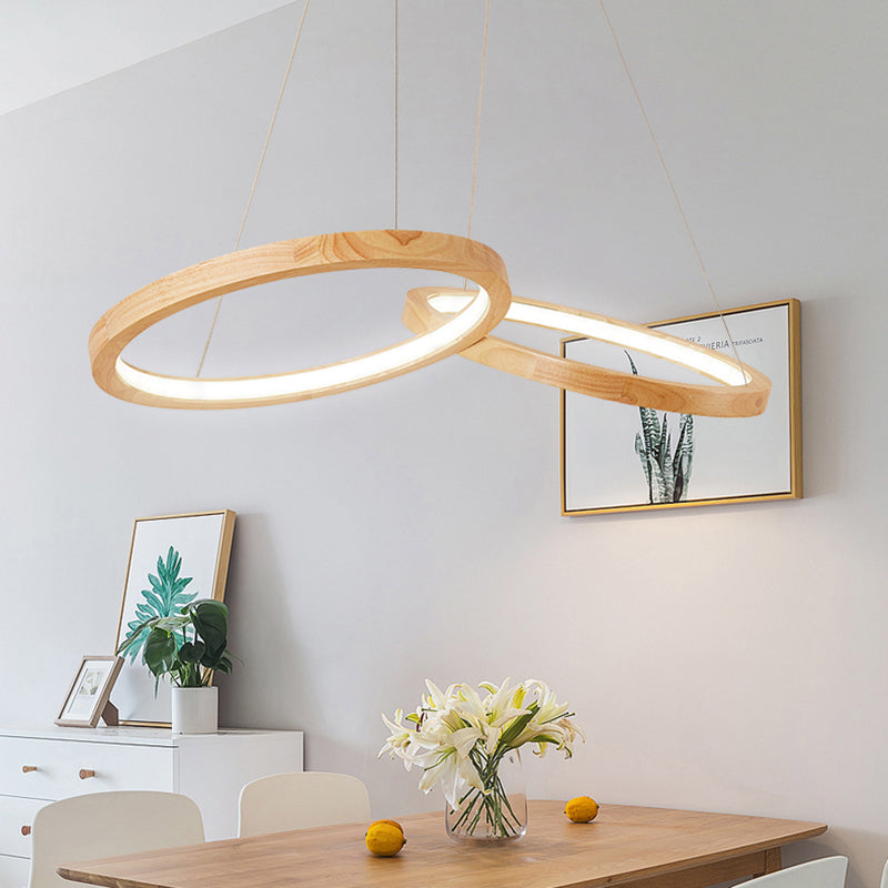 Wood Double-Ring Pendant Light Dining Room Modern Simple Chandelier in Beige - Rebooters