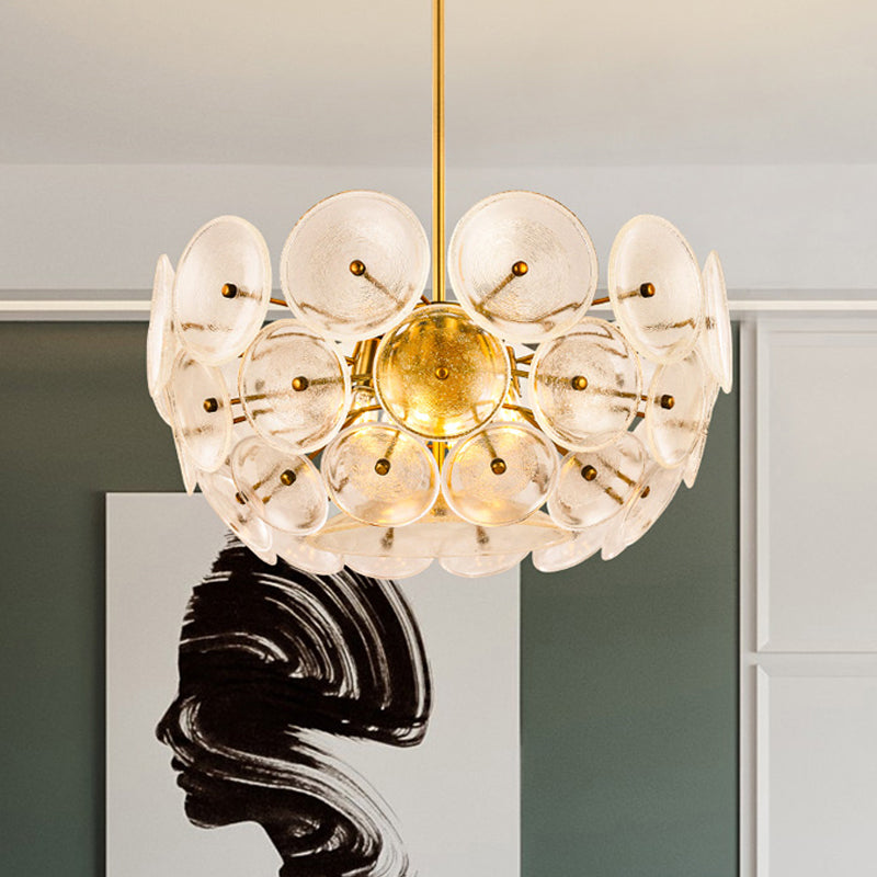 Clear Glass Disc Chandelier Lighting Triple Light Post Modern Hanging Lamp in Gold Finish - Rebooters