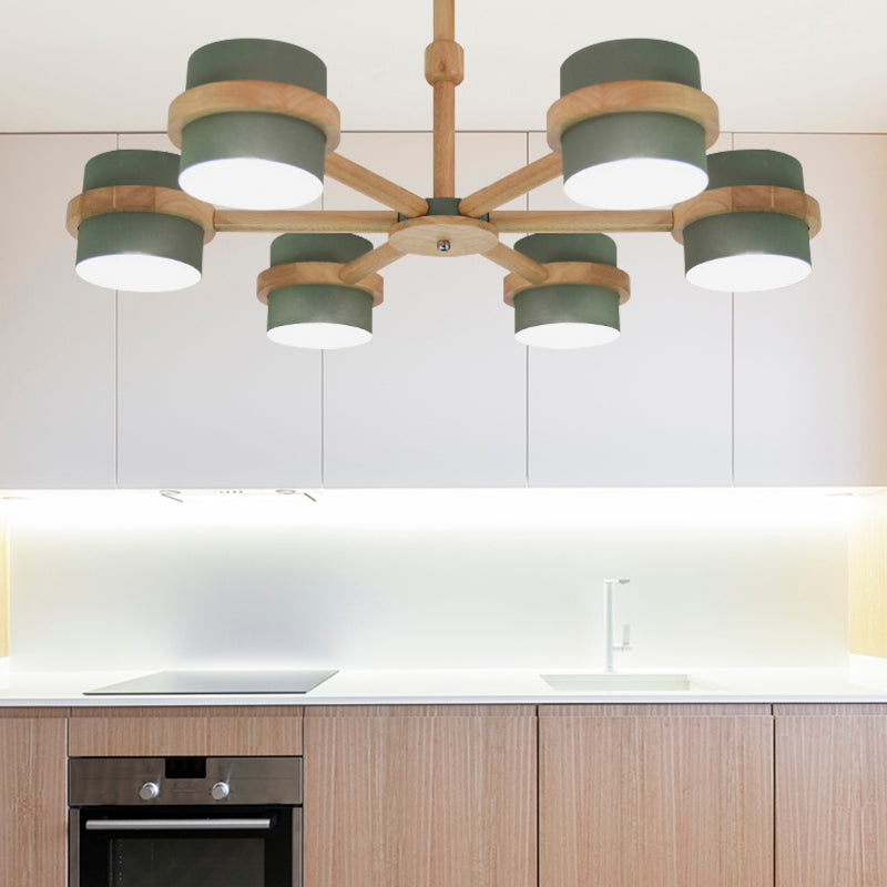 Nordic Cylindrical Shade Chandelier Six Lights Wood Ceiling Pendant - Rebooters