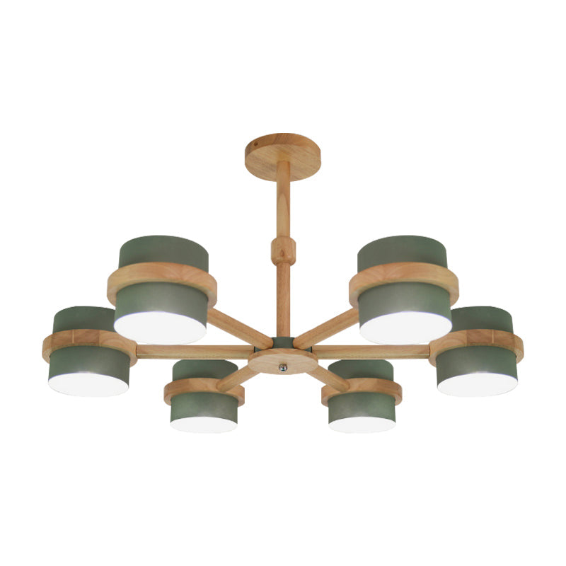 Nordic Cylindrical Shade Chandelier Six Lights Wood Ceiling Pendant - Rebooters