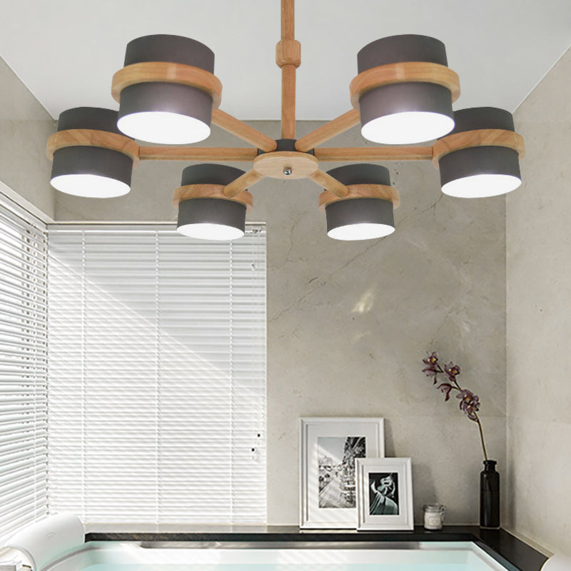 Nordic Cylindrical Shade Chandelier Six Lights Wood Ceiling Pendant - Rebooters