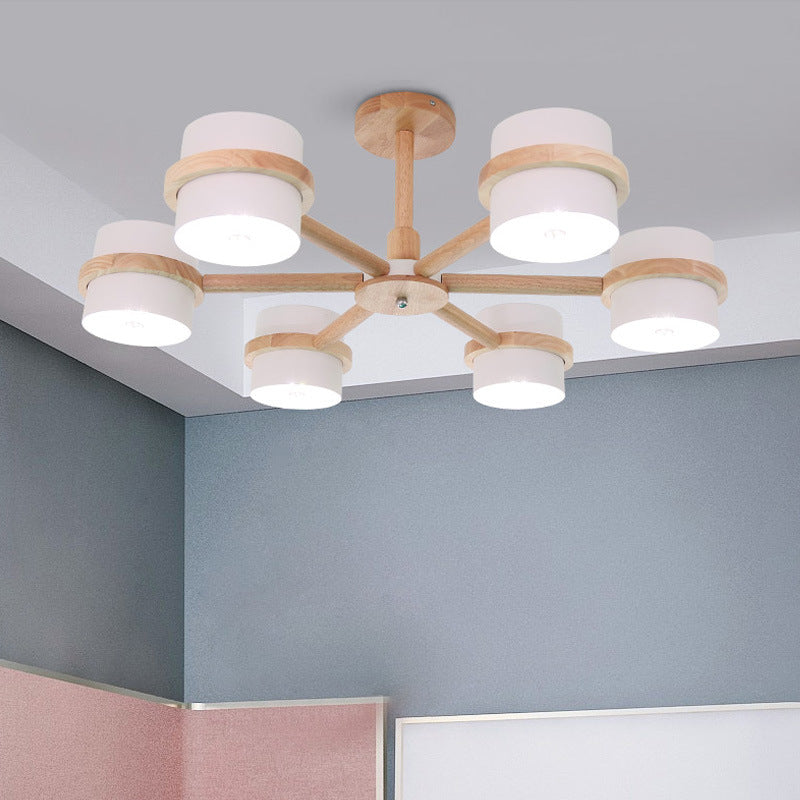 Nordic Cylindrical Shade Chandelier Six Lights Wood Ceiling Pendant - Rebooters
