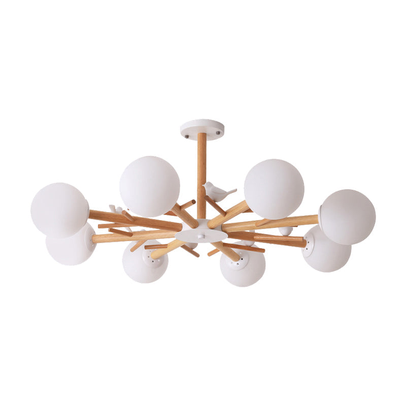 White Globe Shade Chandelier Rustic Wood Pendant Light Bird - Rebooters