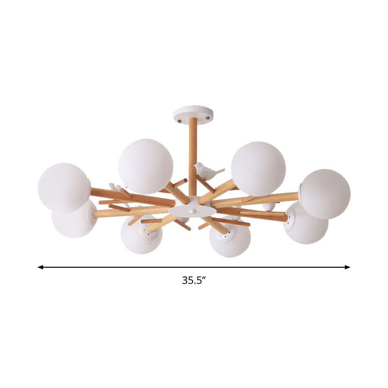 White Globe Shade Chandelier Rustic Wood Pendant Light Bird - Rebooters
