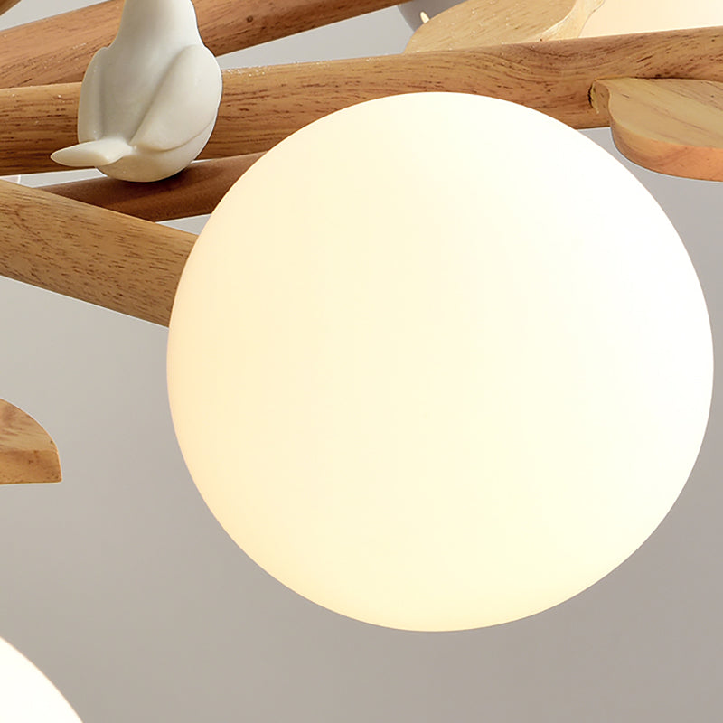 White Globe Shade Chandelier Rustic Wood Pendant Light Bird - Rebooters