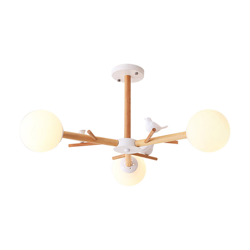 White Globe Shade Chandelier Rustic Wood Pendant Light Bird - Rebooters