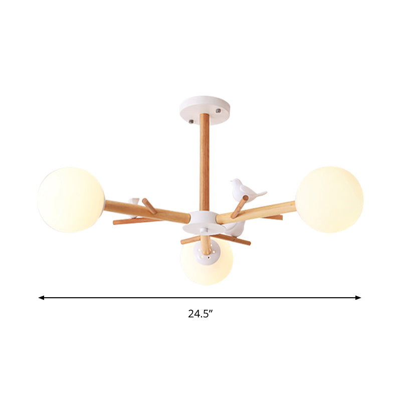 White Globe Shade Chandelier Rustic Wood Pendant Light Bird - Rebooters