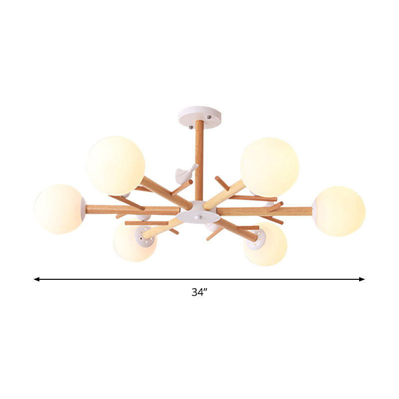 White Globe Shade Chandelier Rustic Wood Pendant Light Bird - Rebooters