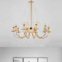 8 Lights Candle Hanging Lamp Retro Clear Crystal Ceiling Chandelier with Gold Stranded Swoop Arm - Rebooters