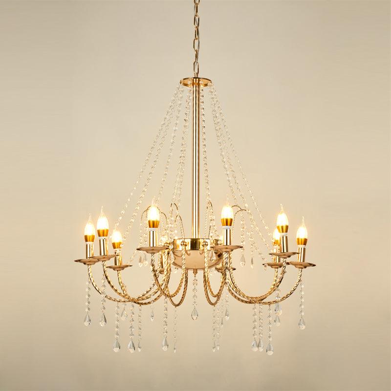 8 Lights Candle Hanging Lamp Retro Clear Crystal Ceiling Chandelier with Gold Stranded Swoop Arm - Rebooters