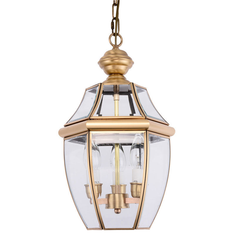 3 Bulbs Lantern Pendant Light Colonial Gold Clear Glass Chandelier - Rebooters