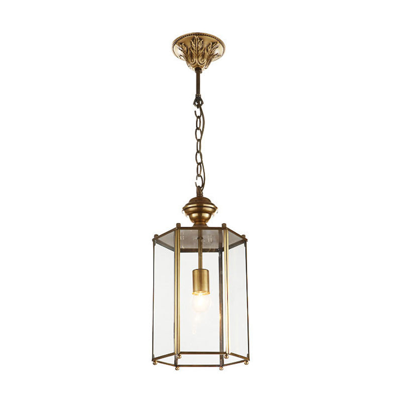 1 Light Lantern Pendant Lighting Fixture Traditional Brass Clear Glass Hanging Ceiling Light - Rebooters