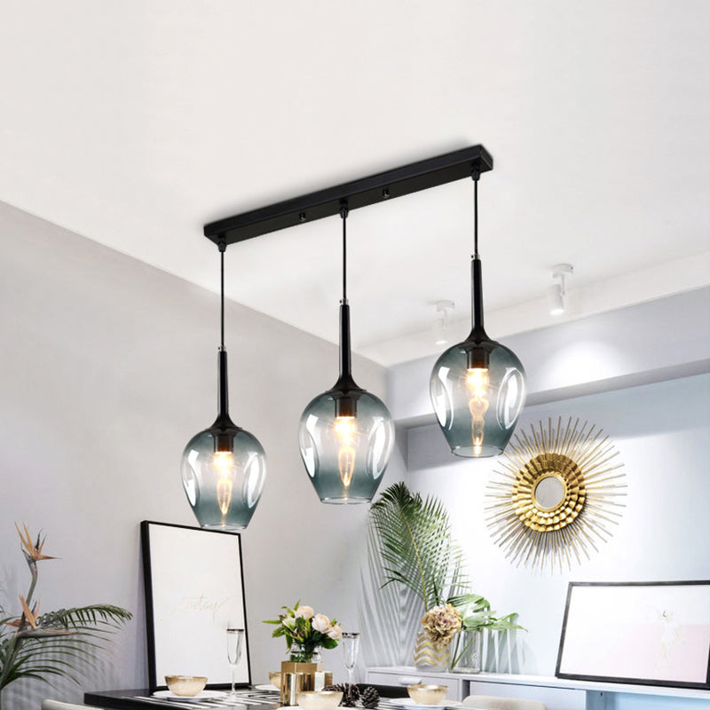 Tulip Cluster Pendant Lamp with Linear Design Modern Amber Smoke Blue Glass 3 Lights Black Ceiling Hung Light - Rebooters