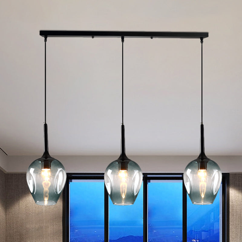 Tulip Cluster Pendant Lamp with Linear Design Modern Amber Smoke Blue Glass 3 Lights Black Ceiling Hung Light - Rebooters