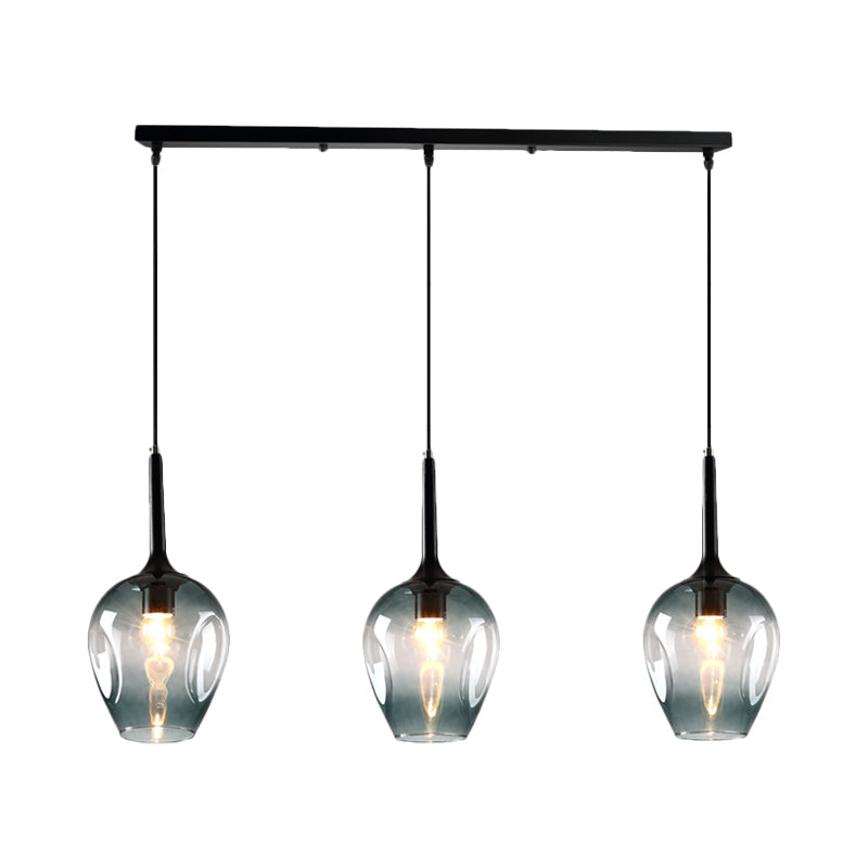 Tulip Cluster Pendant Lamp with Linear Design Modern Amber Smoke Blue Glass 3 Lights Black Ceiling Hung Light - Rebooters